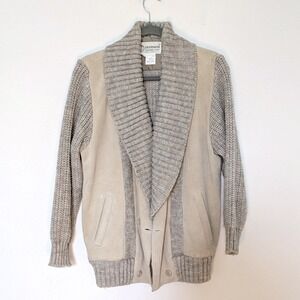 Deerskin Trading Post Leather Knit Cardigan Jacket Mens M Beige Shawl Collar Vtg